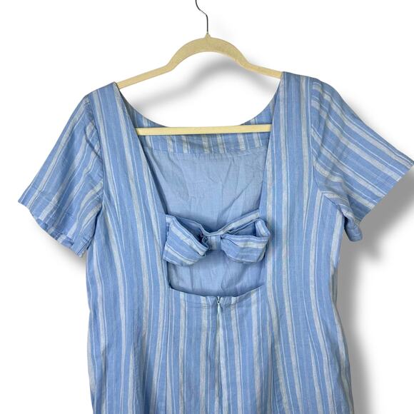 By Anthropologie Cape May Blue Stripe Boat Neck Bow-Tie Back Linen Mini Dress - Picture 9 of 10